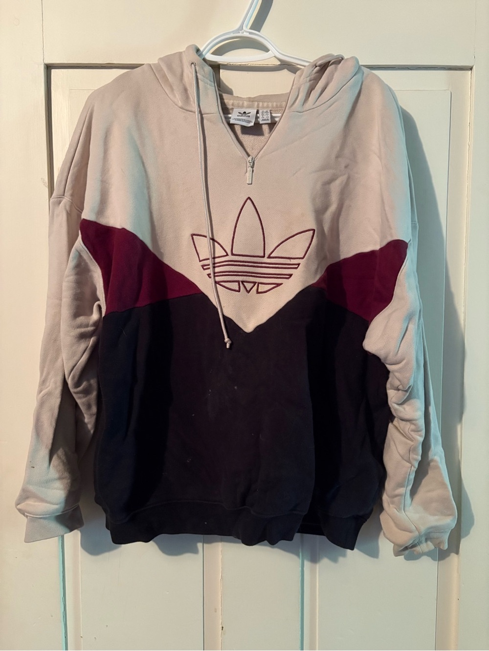 adidas Men’s Tri-Tone Half-Zip Hoodie in Beige, Maroon, Black